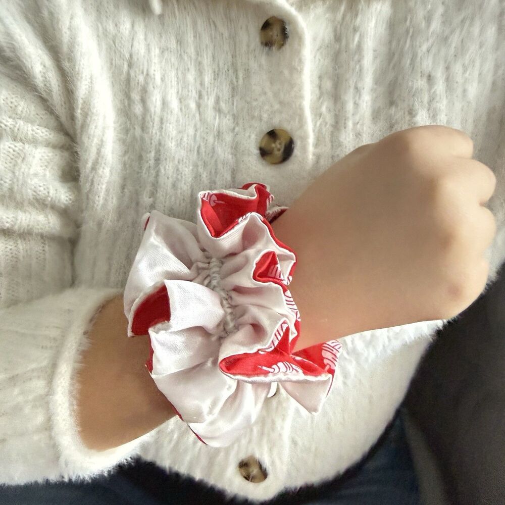 Handmade Red & Cream Scrunchie Hair Tie Ruffled Elastic Ponytail Holder - Picture 3 of 13
